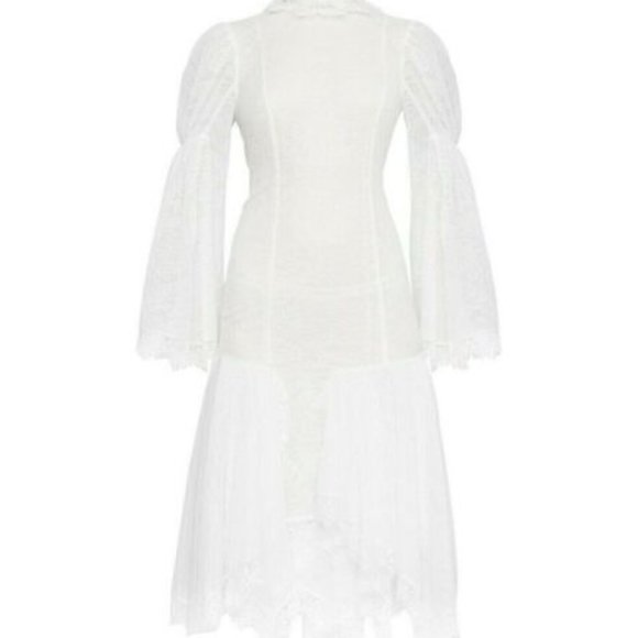 New* BCBGMAXAZRIA Lace Asymmetric Ruffle Slit Sleeve Dress Ivory Size 6 $598 - Picture 7 of 9
